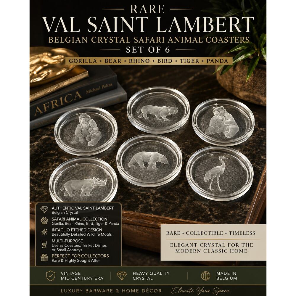 RARE Val Saint Lambert Crystal Safari Animal Coasters Set 6 Belgium VSL